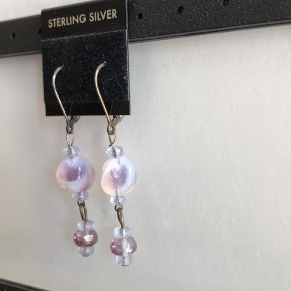 Vintage Handmade Purple Glass Beads Sterling Silver Lever Back Dangle Earrings - Picture 3 of 6